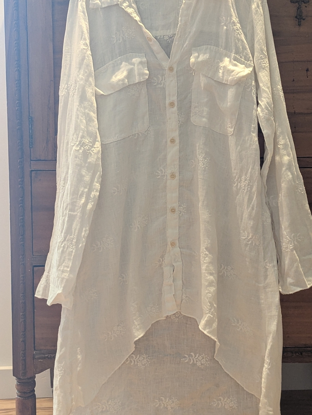 CP Shades Linen White Embroidered Button-Front Women's Top